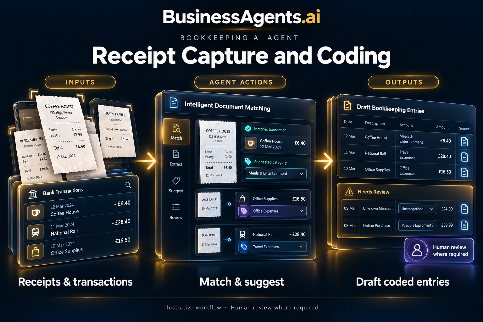Bookkeeping — Receipt capture and coding. Inputs: Receipts, transaction feeds, chart of accounts and approved coding rules. Agentic work: Extracts receipt details, matches them to transactions and proposes account categories. Flags missing evidence or ambiguous entries for the bookkeeper before posting. Outputs: Draft coded entries with receipt links and a review queue.