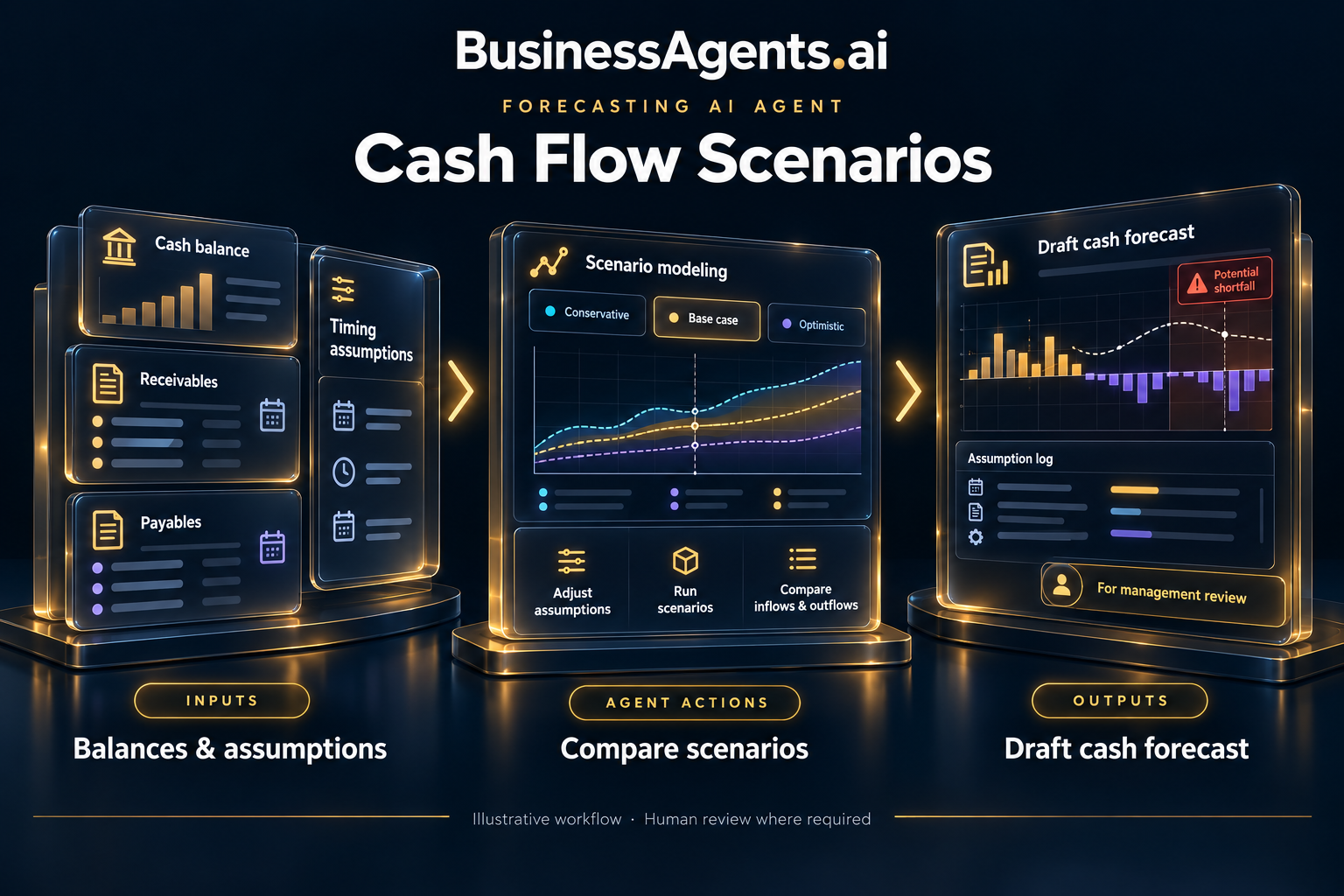 Forecasting — Cash flow scenarios. Inputs: Cash balances, receivables, payables and approved timing assumptions. Agentic work: Checks source completeness, projects inflows and outflows under stated assumptions and compares scenarios. Flags missing inputs and possible shortfalls for management review. Outputs: A draft cash forecast, assumption log and scenario comparison.