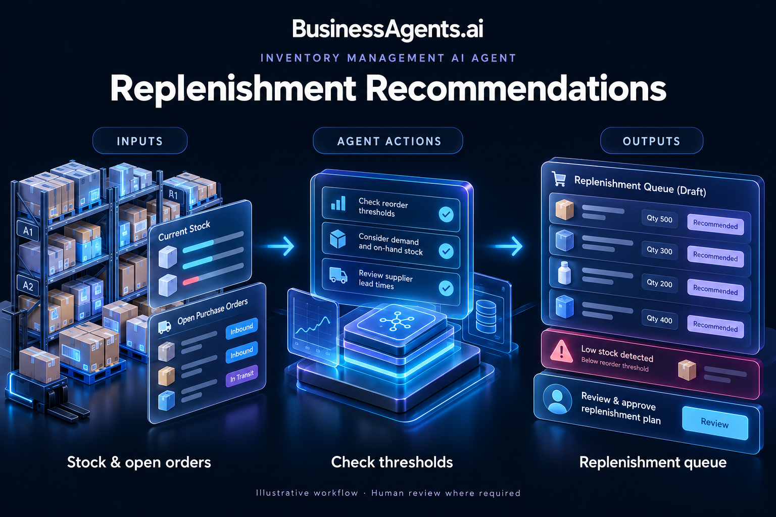 Inventory Management — Replenishment recommendations. Inputs: Stock on hand, open orders, supplier lead times and approved reorder rules. Agentic work: Checks projected availability against configured thresholds, accounts for incoming stock and drafts replenishment requests. Routes quantity or spending exceptions to purchasing. Outputs: A replenishment queue and stockout-risk alerts.
