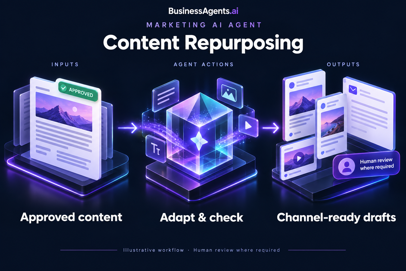 Marketing — Content repurposing. Inputs: Approved articles, product information, case studies and channel requirements. Agentic work: Extracts supported talking points, creates channel-specific drafts and checks them against the source and brand rules. Flags missing evidence for a reviewer. Outputs: Review-ready posts, email copy and a content calendar.