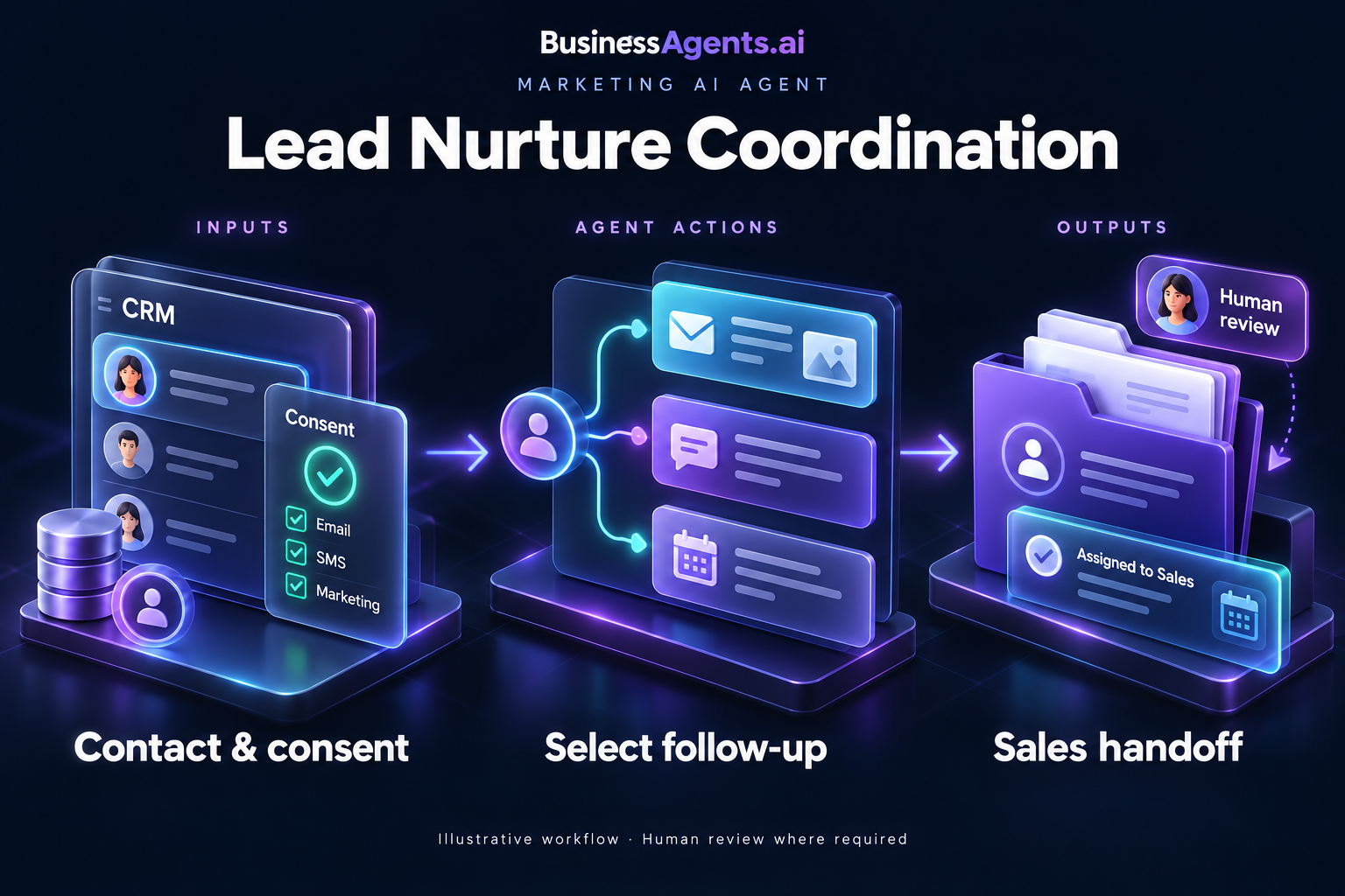 Marketing — Lead nurture coordination. Inputs: Consented contact lists, campaign engagement, CRM stages and approved email templates. Agentic work: Selects the next message using engagement and CRM context, queues it under approved outreach rules and stops the sequence when a reply, opt-out or sales handoff occurs. Outputs: A relevant nurture queue, suppression updates and sales handoff tasks.