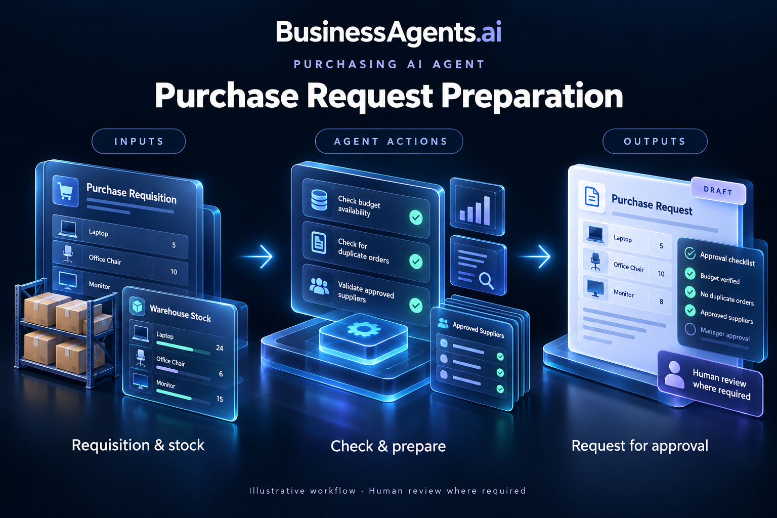 Purchasing — Purchase request preparation. Inputs: Requisitions, budget limits, approved suppliers and stock availability. Agentic work: Checks completeness, searches for existing stock or open orders and prepares a purchase request. Routes policy exceptions and spending approval to the right owner. Outputs: A purchase request draft, duplicate warnings and an approval task.