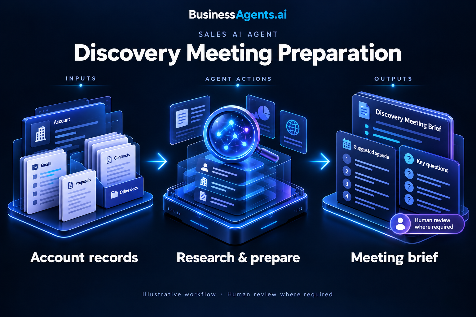Sales — Discovery meeting preparation. Inputs: Account records, prospect correspondence, approved research sources and meeting details. Agentic work: Researches the account, separates confirmed facts from unknowns and prepares questions relevant to the prospect. Retrieves suitable approved service examples for the representative. Outputs: An account brief, discovery agenda and source-linked talking points.