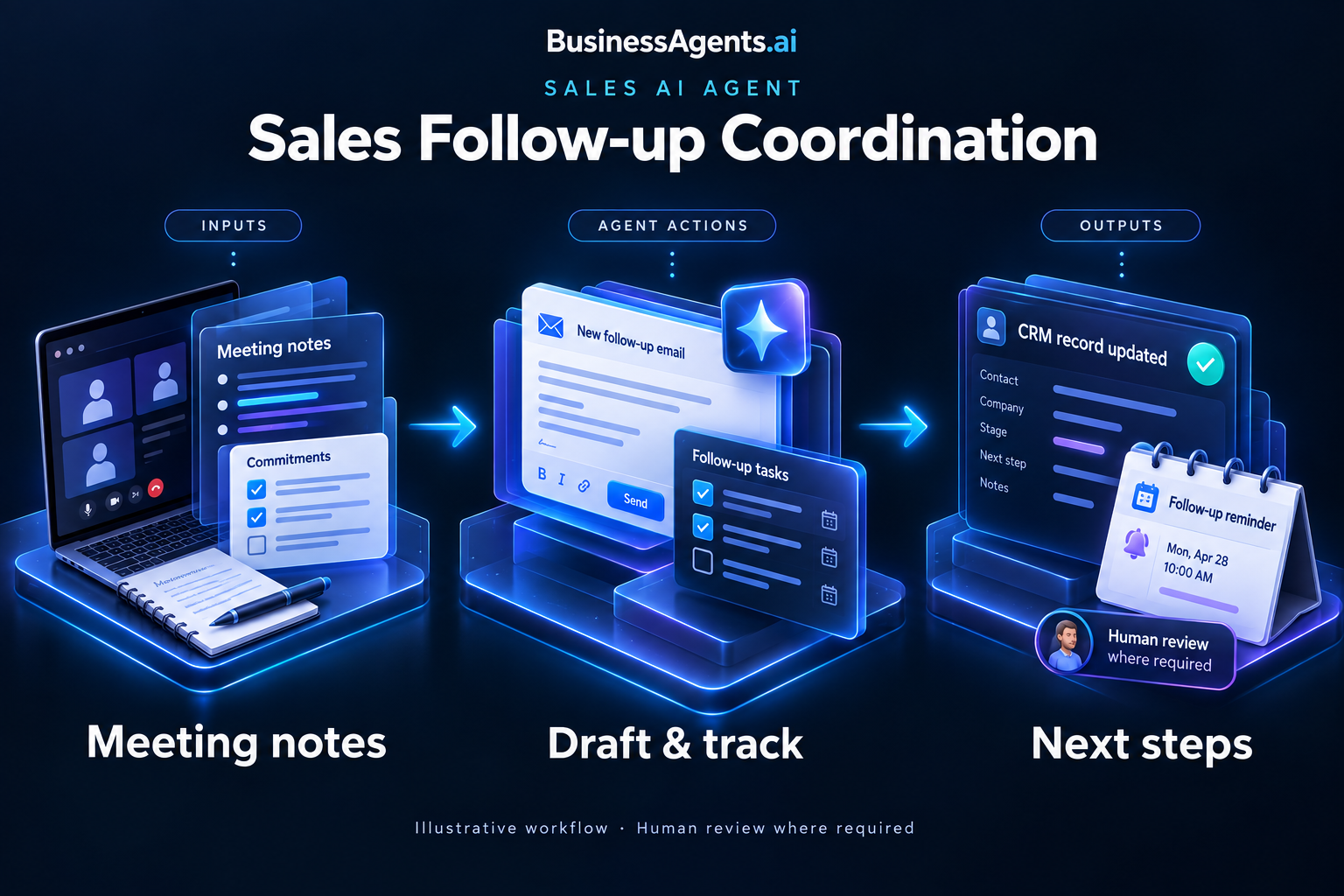 Sales — Sales follow-up coordination. Inputs: Meeting notes, open opportunities, agreed next steps and outreach permissions. Agentic work: Extracts commitments, drafts a relevant follow-up and creates owner tasks. Sends only within the approved workflow, records replies and pauses outreach when the prospect declines or opts out. Outputs: A follow-up draft or authorized message, updated CRM activity and next-step reminders.