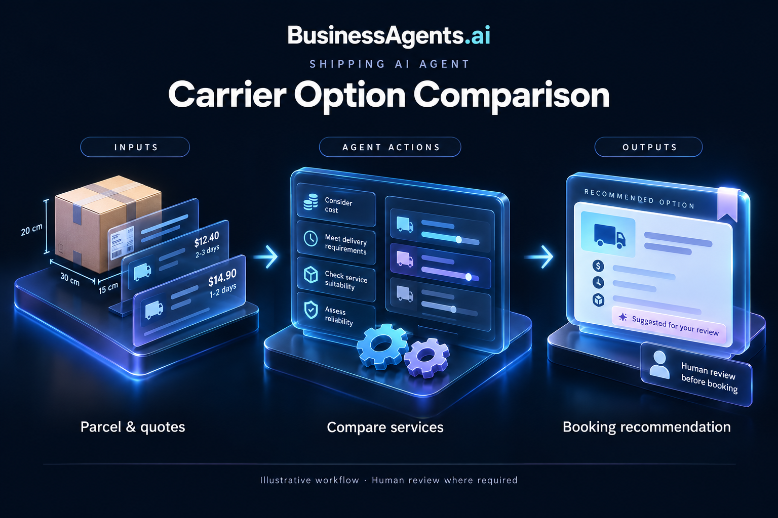 Shipping — Carrier option comparison. Inputs: Shipment dimensions, destination, carrier quotes and delivery requirements. Agentic work: Compares quoted service levels, restrictions and costs, then proposes options that meet the order requirements. Flags unavailable or uncertain delivery commitments. Outputs: A carrier comparison and booking recommendation.