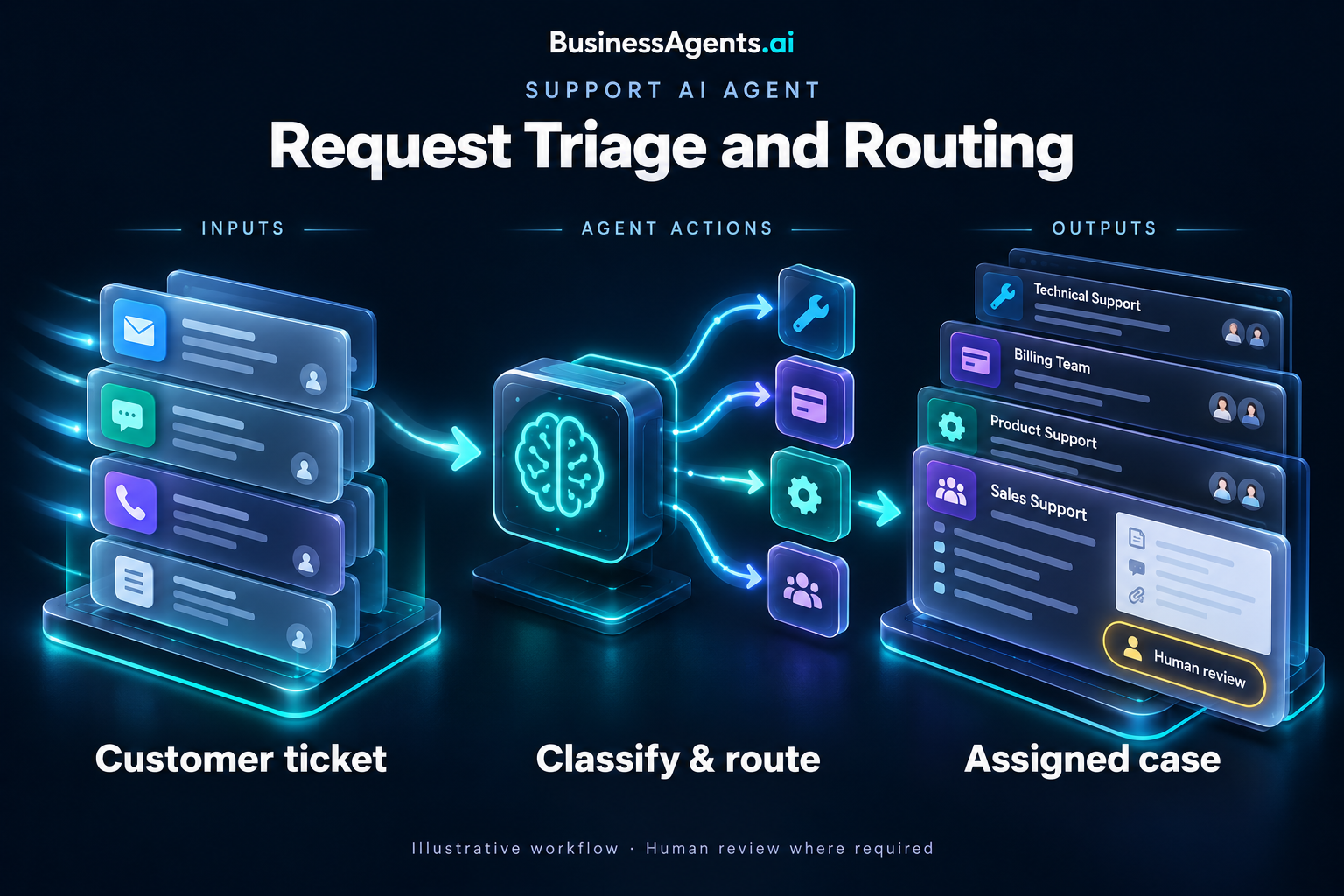 Support — Request triage and routing. Inputs: Incoming tickets, customer records, support categories and escalation rules. Agentic work: Identifies the issue, checks for related requests and gathers missing details. Routes the ticket to the appropriate queue and escalates urgent issues using defined rules. Outputs: A categorized ticket, ownership assignment and context summary.